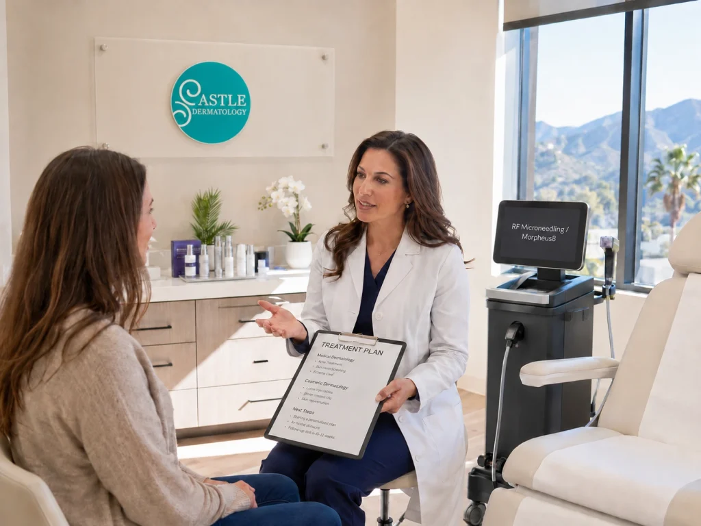 Dermatology Care in Agoura Hills shown through a patient consultation inside Castle Dermatology Clinic with a treatment plan clipboard, RF microneedling equipment, a medical exam chair, and bright Southern California sunlight