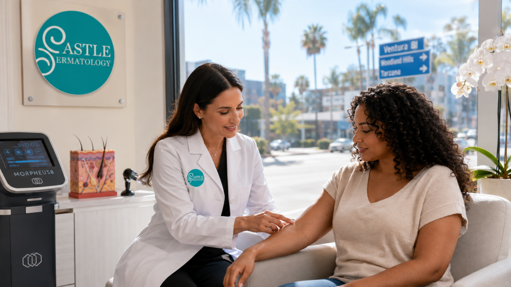 Dermatology Care in Woodland Hills shown through a patient consultation inside Castle Dermatology Clinic with laser equipment, a skin anatomy model, branded signage, and a sunny Ventura Blvd view