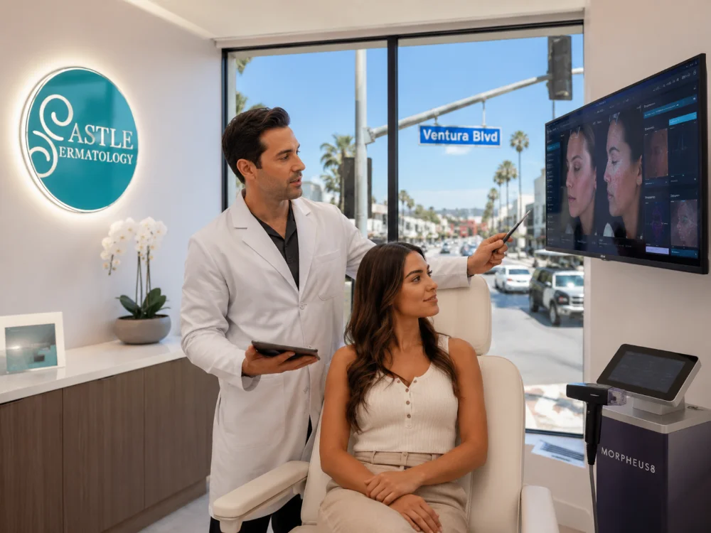 Dermatology care in West Hills featuring a dermatologist reviewing digital skin imaging with a patient at Castle Dermatology, with Morpheus8 equipment and a Ventura Blvd view